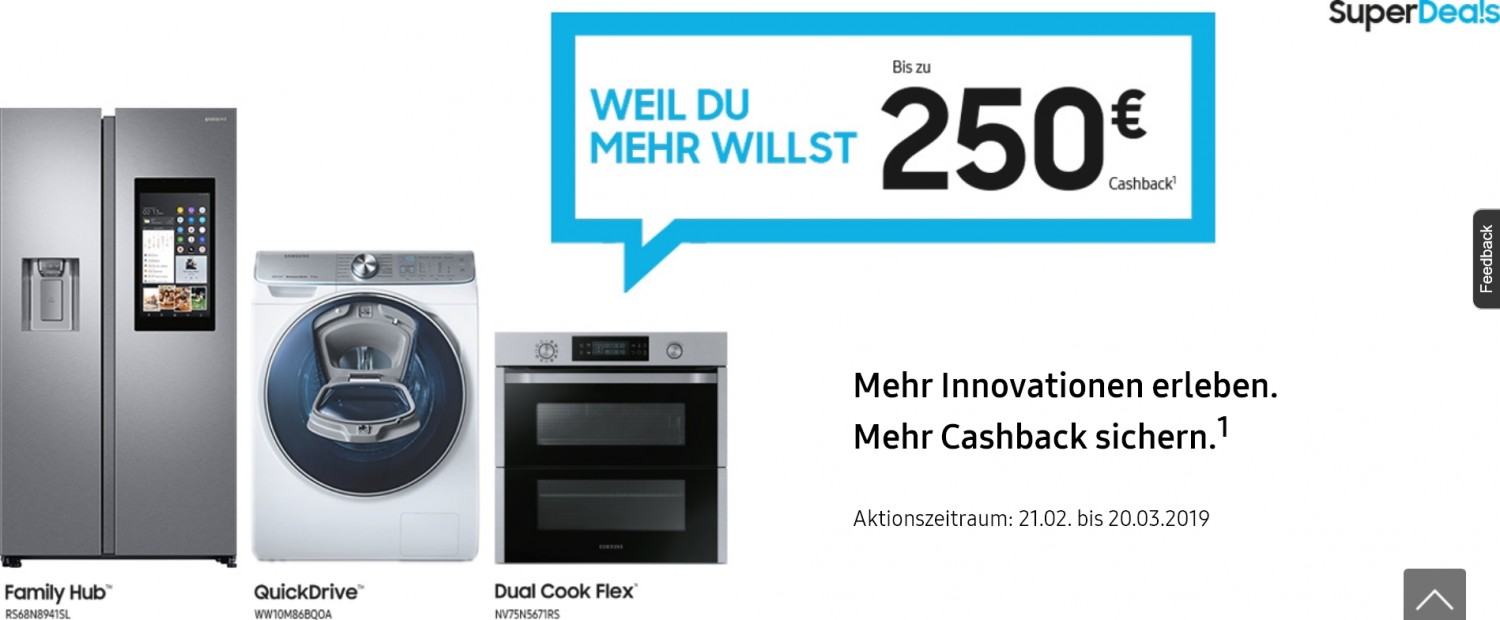 Samsung Kühlen, Waschen, Kochen, Saugen und Spülen: Cashback-Aktion bei Samsung bis zum 20. März, Bild 1 Haushaltsgeräte Kühlen, Waschen, Kochen, Saugen und Spülen: Cashback-Aktion bei Samsung bis zum 20. März - News, Bild 1