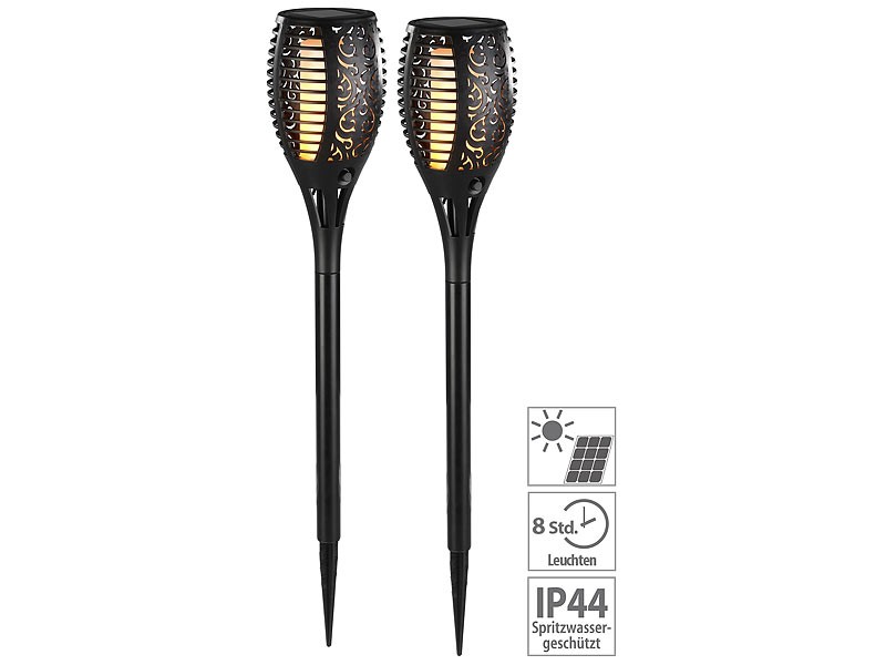 Stimmungsvolle LED Gartenlaternen mit Erdspieß: LUNARTEC 2er-Set LED-Solar-Gartenfacken NX-6370, Bild 3 Beleuchtung LUNARTEC 2er-Set LED-Solar-Gartenfacken NX-6370 im Test, Bild 3