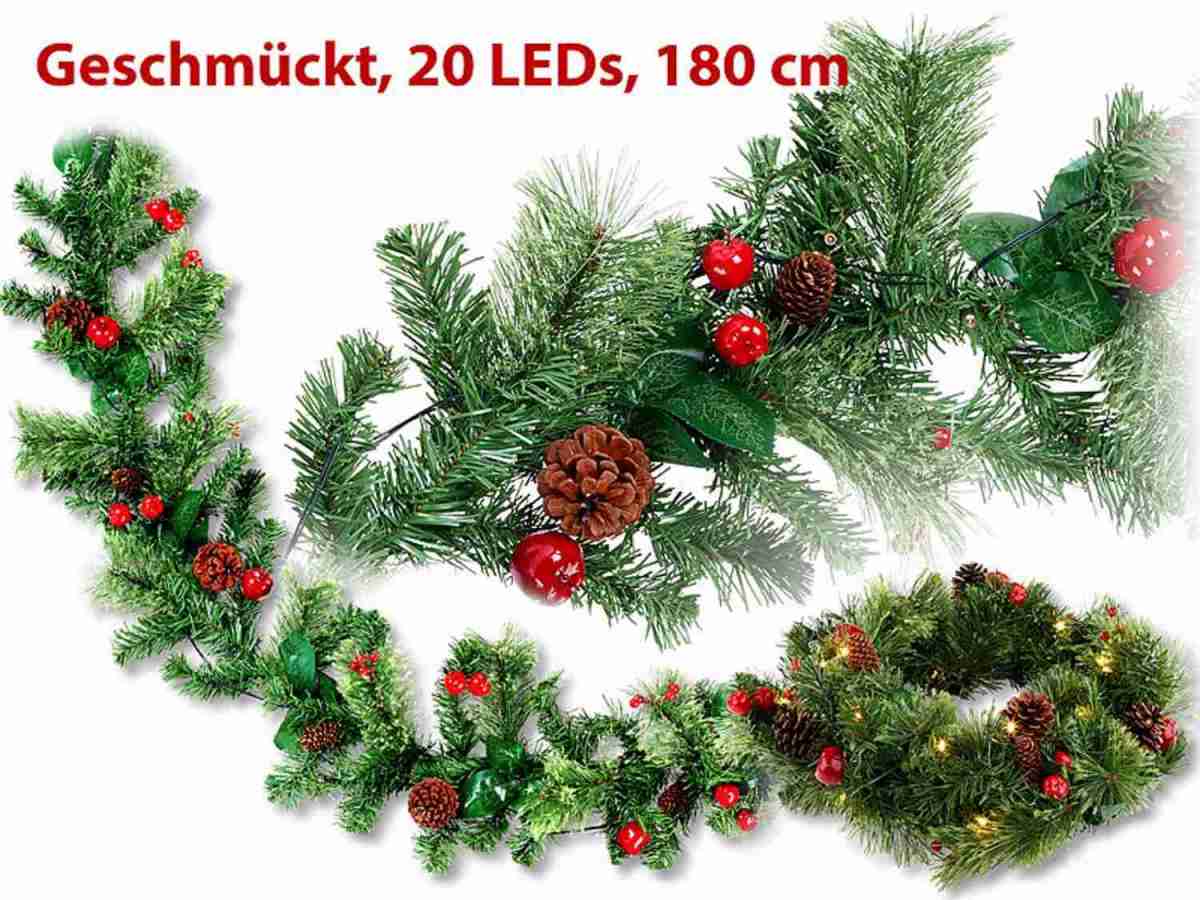 Beleuchtung LUNARTEC LED-Lichterkette mit 320 LEDs für innen & außen, NX-8529-675, LUNARTEC Solar-LED-Lichterkette, 100 LEDs, Dämmerungssensor, NX-3955-675, Britesta Deko-Tannengirlande, geschmückt, beleuchtet mit 20 LEDs, NX-8507-6753